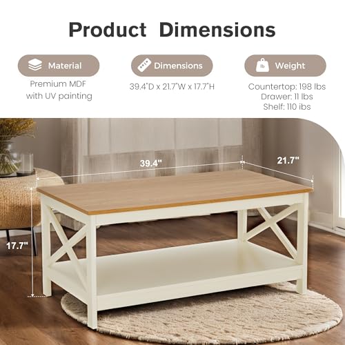 PHI VILLA Farmhouse Coffee Table for Living Room, White Coffee Tables with Storage Rustic Style Modern - color: Ivory 1