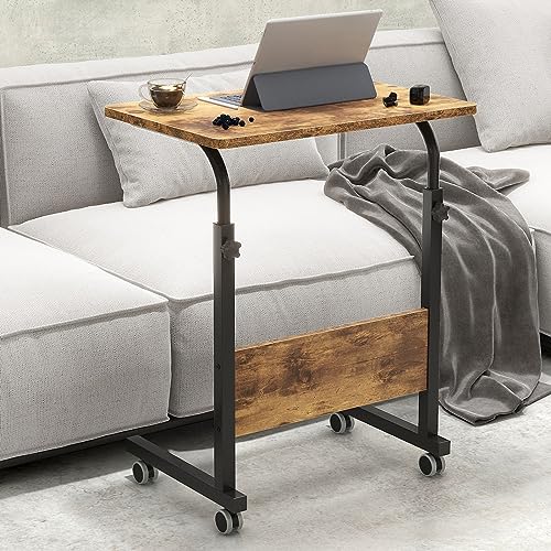 Side Table, 23.6in Adjustable Laptop Stand Portable Cart Tray Bedside Computer Table, Sofa Side Bed Table with Wheels, Rustic Brown - color: Rustic Brown, size: 23.6 inches