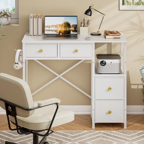 3IngSeagulls Small Computer Desk with 4 Fabric Drawers, Simple Writing Desk for Home Office, Compact Study Desks for Small Spaces, Kids Desk Study for Bedroom, White - color: White