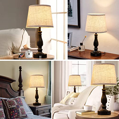 EJIAXIN Table Lamps Set of 2, Bedside Nightstand Lamps with USB Charging Ports,Dimmable Touch with Linen Fabric Lampshade, Modern Small Lamp for Bedrooms, Living Room (Bulbs Included) - color: Beige Shade and Black Base