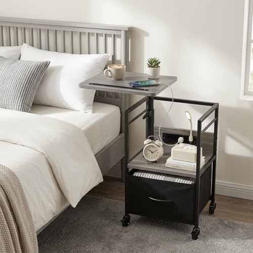 Small Bedside Table with Charging Station, Rolling Side Table with Wheels, Small Nightstand with Drawer Storage for Bedroom - Grey Walnut Look - color: Gray Walnut