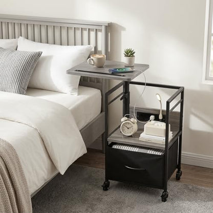 Small Bedside Table with Charging Station, Rolling Side Table with Wheels, Small Nightstand with Drawer Storage for Bedroom - Grey Walnut Look - color: Gray Walnut