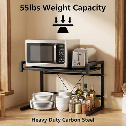 PUSDON Adjustable Carbon Steel Microwave Oven Rack, 2-Tier with 3 Hooks, 55lbs Weight Capacity, Black - color: Matte Black, size: C-frame 2 tier