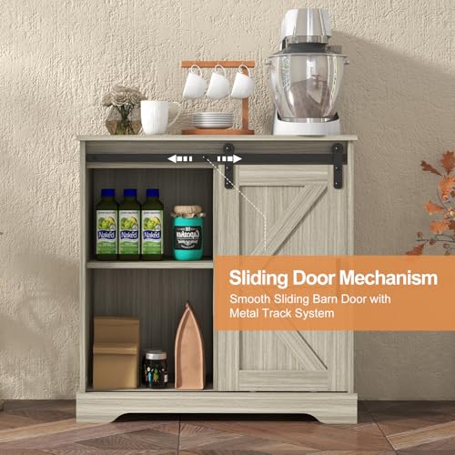 Panana Sliding Barn Door Buffet Sideboard Storage Cabinet Coffee Bar Kitchen Farmhouse Style (Oak) - color: Oak