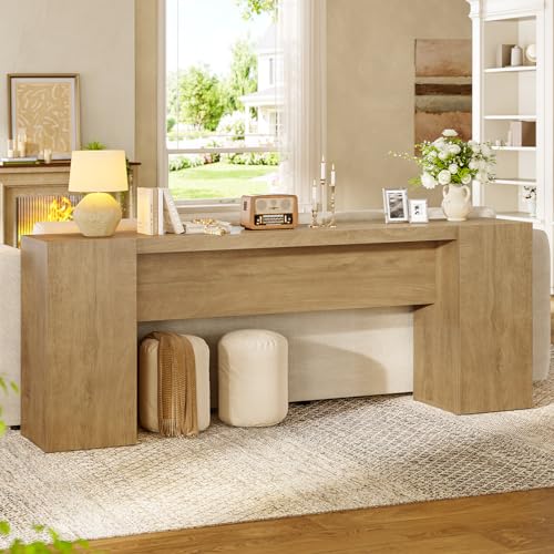 70.9-Inch Extra Long Console Table with 2 Storage Cabinet, Wood Sofa Table Behind Couch, Accent Entryway Table with Double Base for Living Room Hallway Foyer Entrance (Natural Oak)