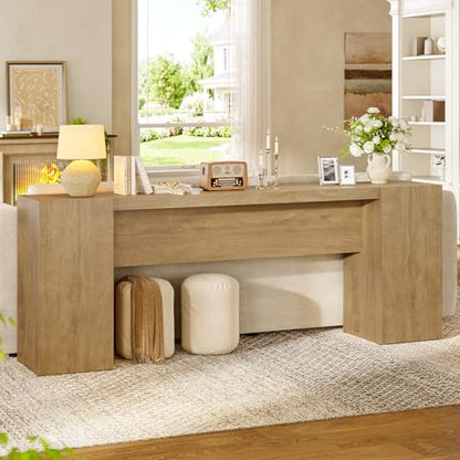70.9-Inch Extra Long Console Table with 2 Storage Cabinet, Wood Sofa Table Behind Couch, Accent Entryway Table with Double Base for Living Room Hallway Foyer Entrance (Natural Oak)