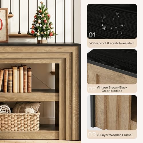 Tribesigns 63" Long Console Table, Farmhouse 3-Tier Entryway Table with Storage, Narrow Wooden Sofa Table Behind Couch, Living Room, Hallway, Foyer, Brown & Black