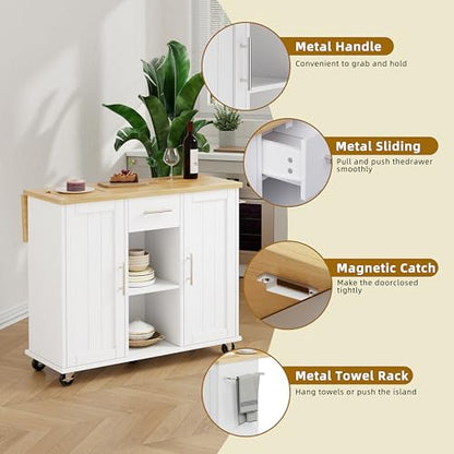 SUNLEI Island Table for Kitchen with Storage, Portable Kitchen Island Cart with Drop Leaf, Rolling Kitchen Island Table with Drawer, Cabinet & Towel Rack, Farmhouse Kitchen Island, White - style: White