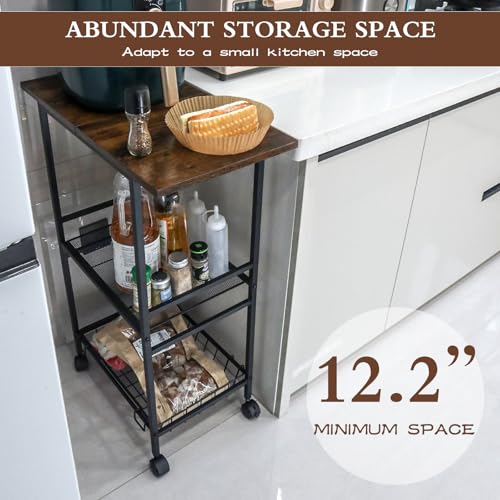 Industrial Kitchen Cart with Rustic Wood Top, Rolling Storage Utility Table, Black Metal Frame, Mesh Basket, Mobile Workstation with Wheels (23.6" D x 12.2" W x 33.1" H)