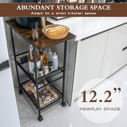 Industrial Kitchen Cart with Rustic Wood Top, Rolling Storage Utility Table, Black Metal Frame, Mesh Basket, Mobile Workstation with Wheels (23.6" D x 12.2" W x 33.1" H)