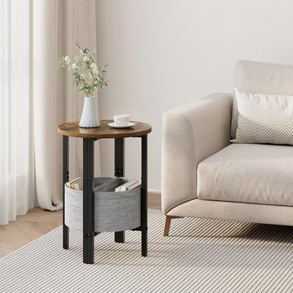 Vagusicc Small Round Side Table, Accent End Table with Storage Basket, Set of 2 Half Round Coffee Table End Table, Half Moon Bedside Table, Modern Nightstand Couch Table for Living Room Bedroom, Brown - color: Rustic Brown