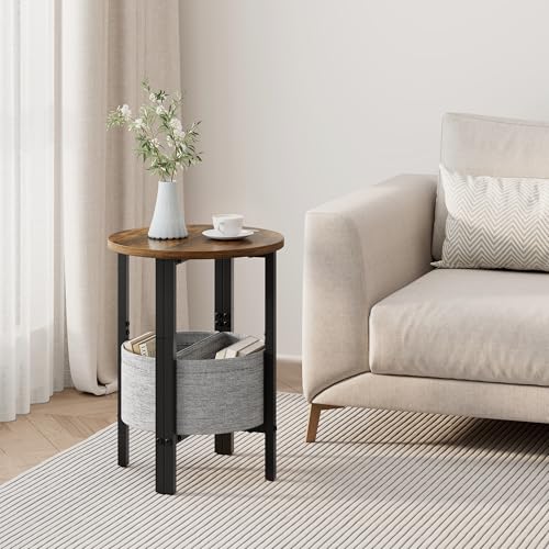 Vagusicc Small Round Side Table, Accent End Table with Storage Basket, Set of 2 Half Round Coffee Table End Table, Half Moon Bedside Table, Modern Nightstand Couch Table for Living Room Bedroom, Brown - color: Rustic Brown