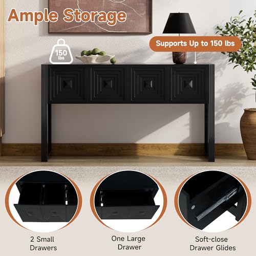 LKTART 55" Carved Console Table with 3 Soft-Close Drawers, Entryway Sofa Table with Fluted Leg,Solid Wood Accent Table for Living Room Hallway,Black - color: Black