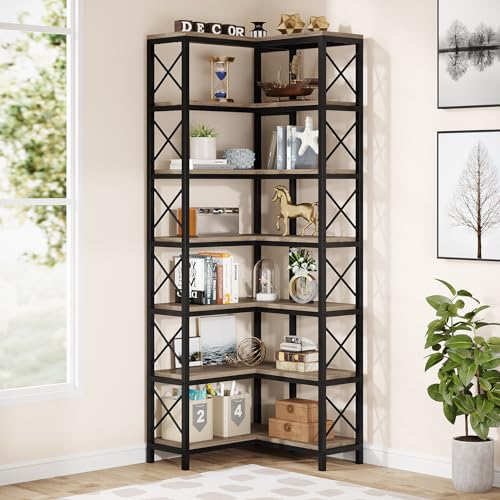 Tribesigns 7-Shelf Corner Bookshelf,Large Modern Corner Bookcase, 7-Tier Tall Corner Shelf Storage Display Rack with Metal Frame for Living Room Home Office (Grey) - color: Grey