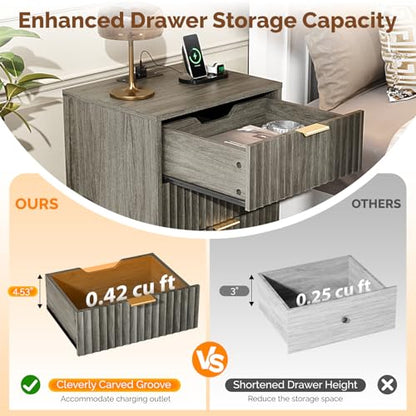 VINGLI Gray Nightstand with Charging Station, Fluted Nightstand 3 Drawers Grey Night Stand for Bedroom, Fluted Grey Bedside Table/End Table/Side Table, 17.72" W*13.78" D*23.62" H, 1 pc - color: Grey, size: 17.7"W-3 Drawer