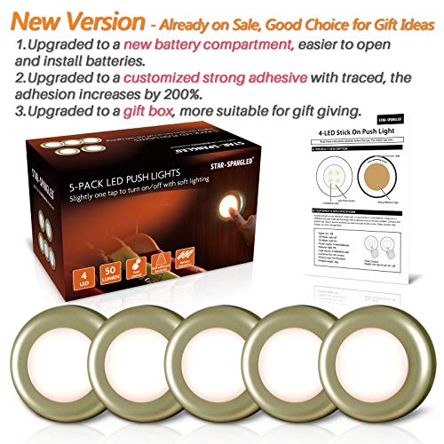 STAR-SPANGLED 5 Pack 2.8” Push Tap Lights, Stick on Touch Puck Lights AAA Battery Operated, LED Sticky Button Lamps for Classroom, Kitchen, Under Cabinet, Closet (Golden, Warm White) - color: Golden - Warm White