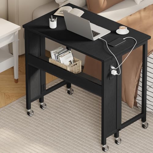 CHOEZON Folding Desk with Power Outlets, 31.5" Rolling Computer Table with Wheels, Portable Office Desk with Storage Shelf for Small Spaces Black TDN01UBB - color: Black