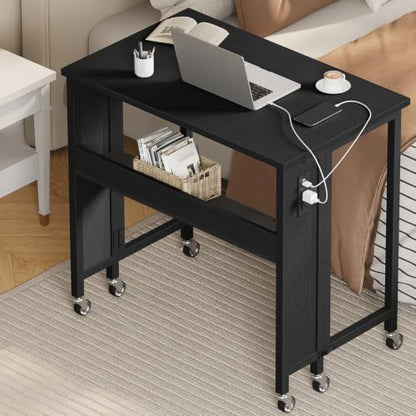 CHOEZON Folding Desk with Power Outlets, 31.5" Rolling Computer Table with Wheels, Portable Office Desk with Storage Shelf for Small Spaces Black TDN01UBB - color: Black