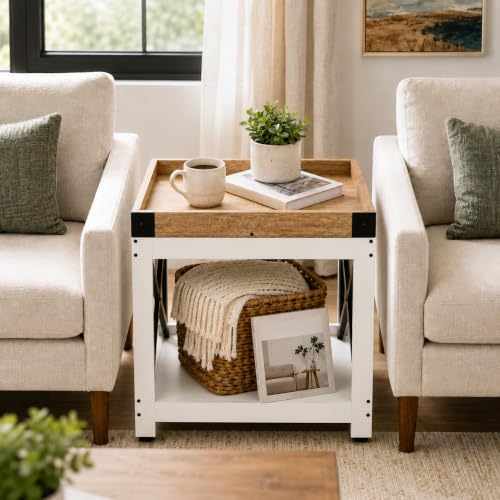 Farmhouse Square Side Table,2-Tier End Table with Storage Shelf | Modern Sofa Couch Table Bedside Nightstand With X-Frame for Living Room Bedroom Office Small spaces,White+Oak - color: White+oak, style: Farmhouse