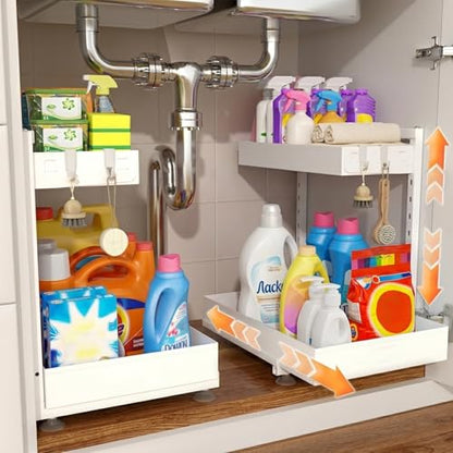 Under Sink Organizer 2 Pack, 2-Tier Metal Slide-Out Cabinet Organizer and Storage for Bathroom Kitchen, Height Adjustable Under Sink Storage Shelf with Pull-Out Drawer (2 Sets)