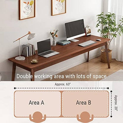 NELYE Mid-Century Long Desk Table, 63" W x 20" D, Walnut | Simple Modern Wood Table, Extra Long 2-Person Computer Workstation for Home Office Work, Holds 200 Lbs - size: 63"W20"D