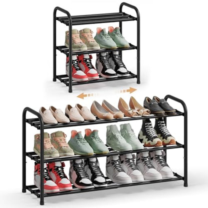 SONGMICS Expandable Shoe Rack, Adjustable Shoe Organizer Storage Shelf, Sturdy and Heavy-Duty, for Closet, Entryway, Living Room, 3-Tier, Ink Black ULMR036BD01 - size: 3 Tiers (18.8"H)