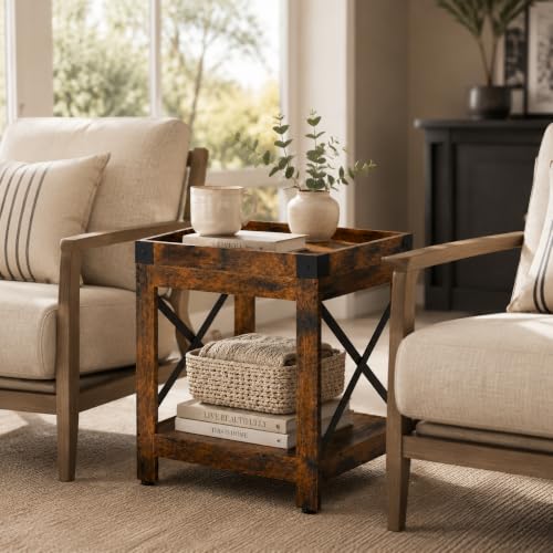 Farmhouse Square Side Table,2-Tier End Table with Storage Shelf | Modern Sofa Couch Table Bedside Nightstand With X-Frame for Living Room Bedroom Office Small spaces,Rustic Brown - color: Rustic Brown, style: Farmhouse
