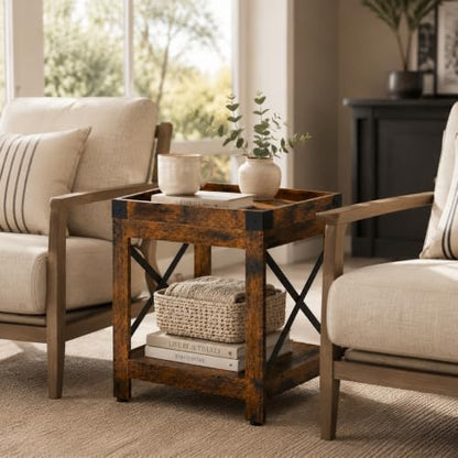 Farmhouse Square Side Table,2-Tier End Table with Storage Shelf | Modern Sofa Couch Table Bedside Nightstand With X-Frame for Living Room Bedroom Office Small spaces,Rustic Brown - color: Rustic Brown, style: Farmhouse