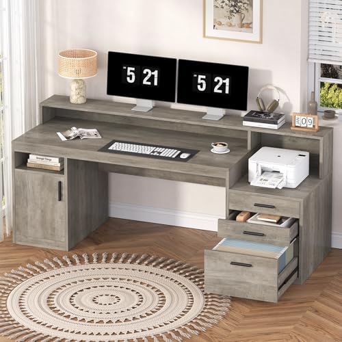 YOMILUVE Executive Computer Desk with 3 Drawers & Storage Shelves, 65 Inch Home Office Desk with File Drawer & Cabinet, Writing Study Desks with Monitor Stand & Printer Shelf, Executive Desk, Grey - color: Grey