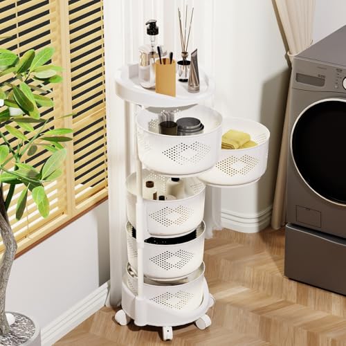 5 Tier Kitchen Storage Cart, Circular Rotating Basket, Storage Rack with 360 Degree Wheels, Fruit And Vegetable Storage, Fruit Vegetable Shelf, Rotatable Basket for Kitchen Bathroom White Five Layers