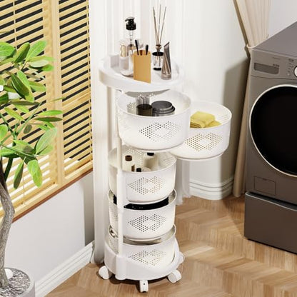 Kitchen Fruit Vegetable Storage Cart, 5 Tier Circular Rotating Basket with Top Lid, Large Hollow Mesh Basket for Veggie Onion Potato Snake, Rolling Storage Rack on Wheels White Five Layers