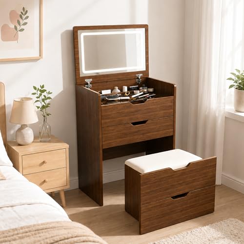 24" Makeup Vanity Desk with Flip Top Mirror and Light, 3 In 1 Compact Vanity with Hidden Stool Chair, Modern Dressing Table with Sliding Glass Top, Jewelry Organzier Storage For Small Space Bedroom - color: Walnut, size: 24"