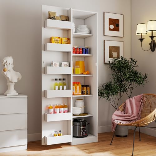 Kitchen Pantry Cabinet White Freestanding Buffet Cupboard with 6 Shelves & 12 Side Racks, Adjustable Shelves, Multi-Functional Storage for Kitchen, Living Room & Dining Room