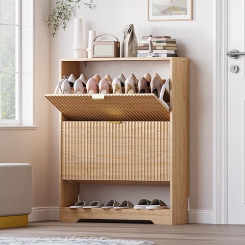 BORNOON Shoe Cabinet with 2 Flip Drawers, Fluted Shoe Storage Cabinet with Adjustable Shelves, Freestanding Rack and Organizer for Entryway, Hallway - color: Oak, size: 2-Drawer