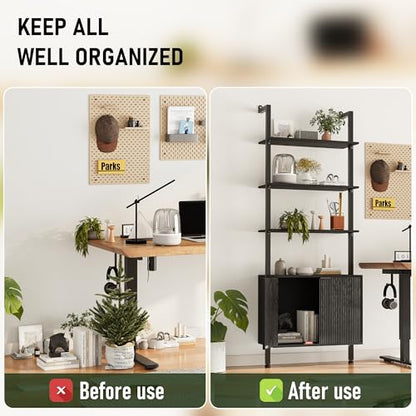 INNOD 74" Tall Bookshelf with Storage Cabinet, Modern Ladder Shelf with Wood and Metal Frame, Wall Mount Bookcase Open Display Shelf Furniture for Living Room, Bedroom, Home Office，Black - color: Black