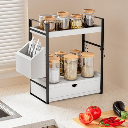 2-Tier Bathroom Counter Organizer, Wooden Vanity Shelf with Drawer & Basket | Pre-Drilled Holes, Skincare & Makeup Countertop Organizer and storage, White - color: White