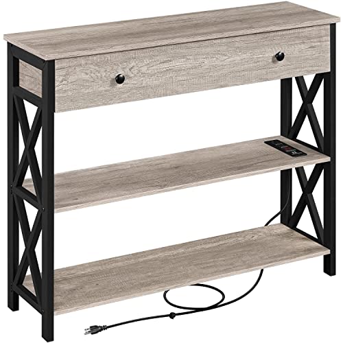Topeakmart 40 Inch Console Table with 2 Outlets and 2 USB Ports, Extra Long Entryway Table with Drawer and X-Shaped Design, Narrow Sofa Table for Living Room and Hallway Gray - color: Grey, style: with Power Outlet