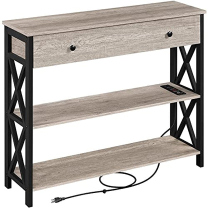 Topeakmart 40 Inch Console Table with 2 Outlets and 2 USB Ports, Extra Long Entryway Table with Drawer and X-Shaped Design, Narrow Sofa Table for Living Room and Hallway Gray - color: Grey, style: with Power Outlet