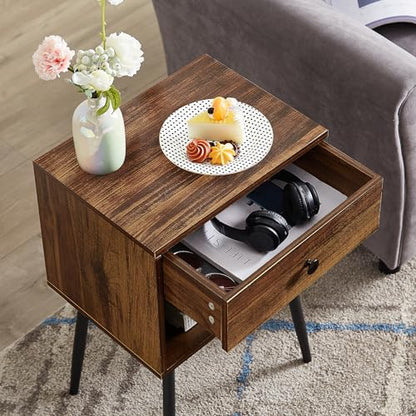 VECELO Nightstands Set of 2, Mid Century Modern End Bedside Table, Night Stand with Storage Drawer and 2 Tiers Open Shelf for Small Place, Bedroom, Living Room, Easy Assembly, Brown - color: Brown