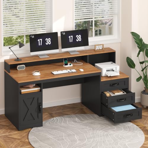 65" Farmhouse Computer Desk with Drawers and Printer Stand for Home Office | Office Desk with Power Outlets and Storage Cabinet, Study Writing Desks with Long Monitor Stand, Brown and Black - color: Brown and Black