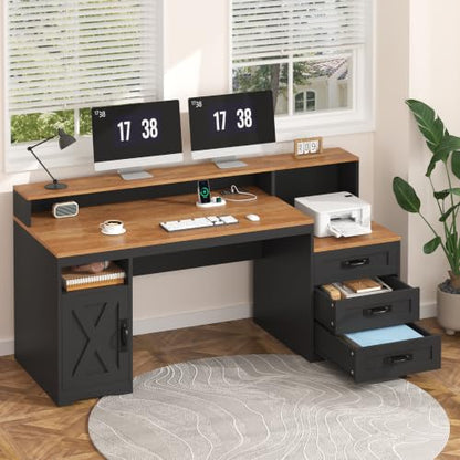 65" Farmhouse Computer Desk with Drawers and Printer Stand for Home Office | Office Desk with Power Outlets and Storage Cabinet, Study Writing Desks with Long Monitor Stand, Brown and Black - color: Brown and Black