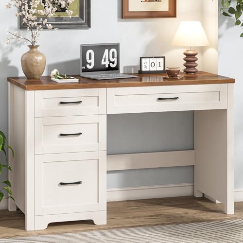 Halitaa Farmhouse 47" Executive Desk with File Drawer, Wood Computer Desk with 3 Storage Drawers, Workstation for Home Office, Study, Writing - color: Unique White, size: without Charging Station