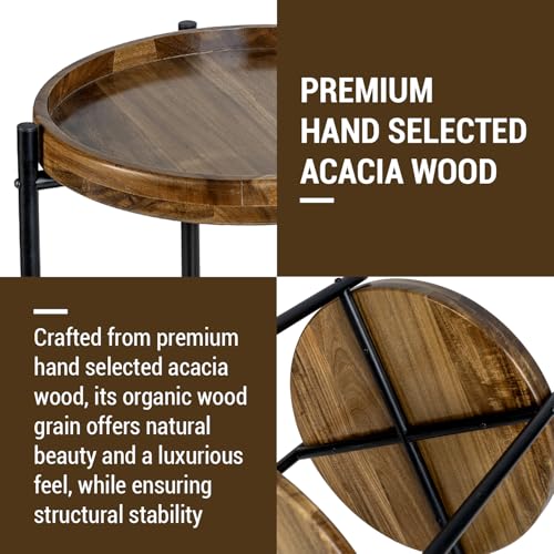 MyGift 2 Tier Round End Table with Premium Acacia Solid Wood Shelf and Black Metal Frame, 22 Inch Tall Side Table Modern Home Living Room or Bedroom Furniture