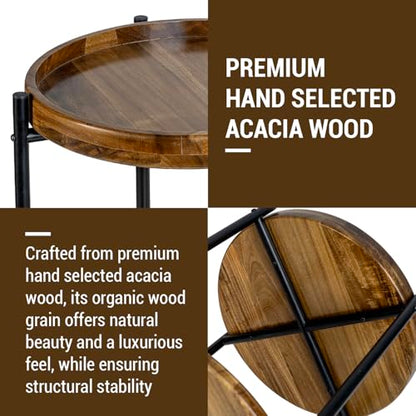MyGift 2 Tier Round End Table with Premium Acacia Solid Wood Shelf and Black Metal Frame, 22 Inch Tall Side Table Modern Home Living Room or Bedroom Furniture
