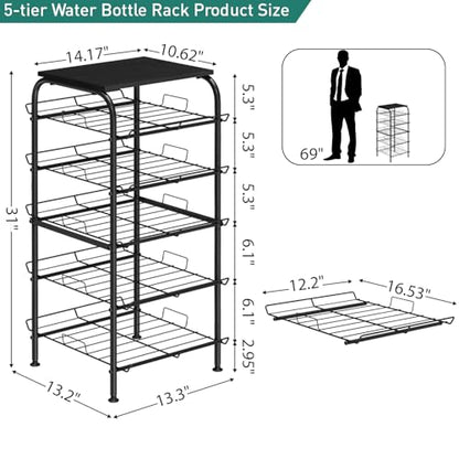 Vrisa 5 Tier Water Bottle Storage Rack Vertical Freestanding Bottled Water Organizer Large Capacity Beverage Drink Soda Can Holder Stand for Kitchen Pantry Home Party Food Storage, Black - size: 5-Tier