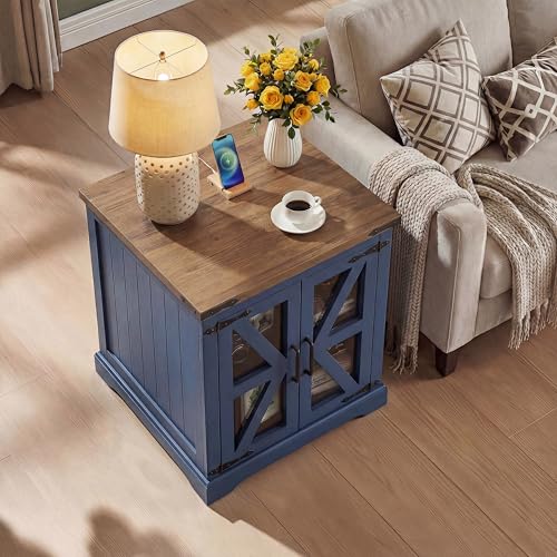 Farmhouse End Table, 24" Large End Tables with Storage, Rustic Square Sofa Beside Table with Glass Barn Door, Wood Side Table Square Nightstand for Living Room, Bedroom, Office (Misty Blue) - color: Misty Blue