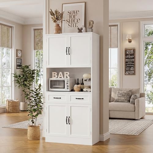 HOSTACK 71" Tall Kitchen Pantry Storage Cabinet, Wood Kitchen Hutch, White | Modern Pantry Cabinet with Microwave Stand, Hutch Cabinet with Countertop & Drawers, Storage Cabinet for Living Room - color: White