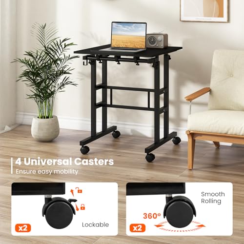 Tangkula Mobile Standing Desk, Height-Adjustable Laptop Podium Cart with Tilting Tabletop & Adjustable Angle, Rolling Stand Up Computer Desk with 2 Hanging Hooks & Lockable Casters for Home Office - color: Black