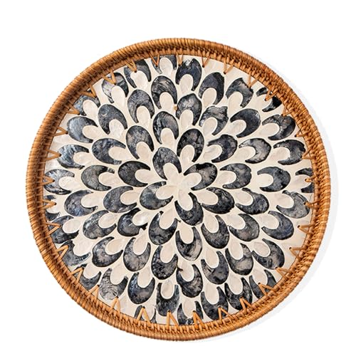 Round Rattan Tray with Mother of Pearl Inlay, Wooden Base | Coffee Table Serving Tray, Home Decorative Wicker Woven, for Outoor Patio Decor - color: Plume