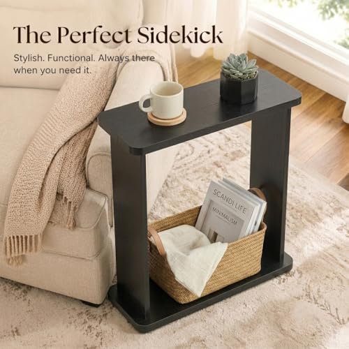 Narrow Side Table for Small Spaces, 7.9" Slim End Table with 2-Tier Open Storage Shelf, Modern Skinny Wood Sofa Table for Living Room, Bedroom, Nightstand, Couch (Black) - color: Black